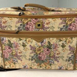Floral Tapestry Suitcase with Tan Accents